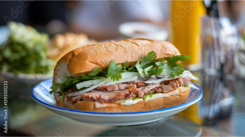 Pork Banh Mi Sandwich: Flavorful Vietnamese pork Banh Mi sandwich with cilantro and daikon, served on a trendy street caf� table