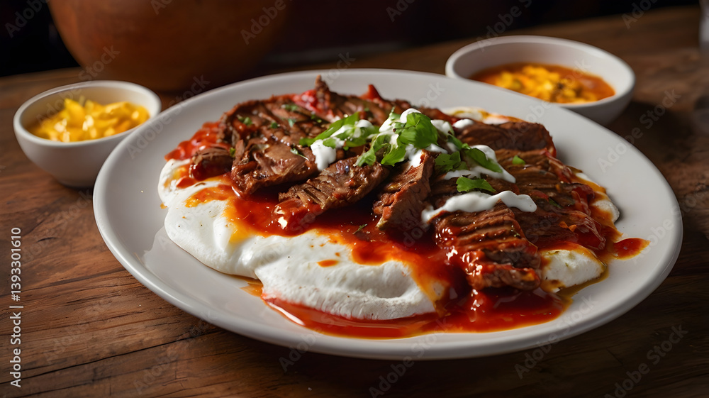 Grilled Turkish Iskender Kebab Meat on Flatbread with Tomato Sauce Grilled Turkish Iskender Kebab Meat on Flatbread with Tomato Sauce