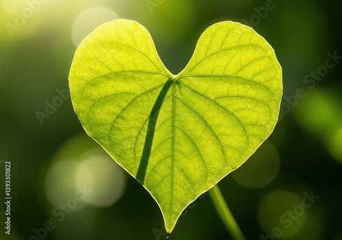 A radiant green heart-shaped leaf, bathed in sunlight, showcases nature's delicate design.