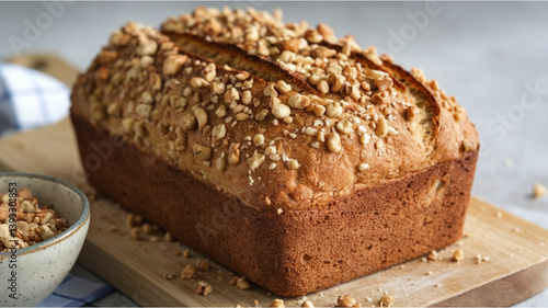 Tableau sur toile Freshly Baked Bread: A golden-brown loaf with a soft interior, topped with crushed nuts or seeds, placed on a wooden cutting board with a bowl of seeds