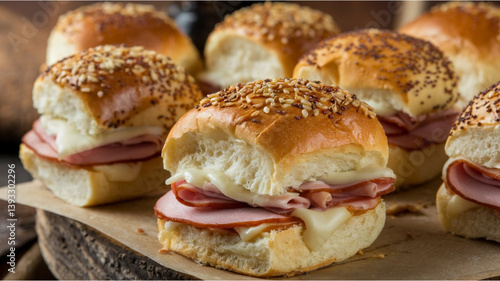 Ham and Cheese Sliders: Soft seeded buns filled with ham and melted cheese, placed on a wooden surface. Rustic brown backdrop with hints of a dark object.