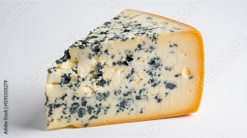 Blue Cheese Wedge: A creamy white cheese with dark blue mold specks, highlighting its rich texture and unique flavor, set against a clean, white background.