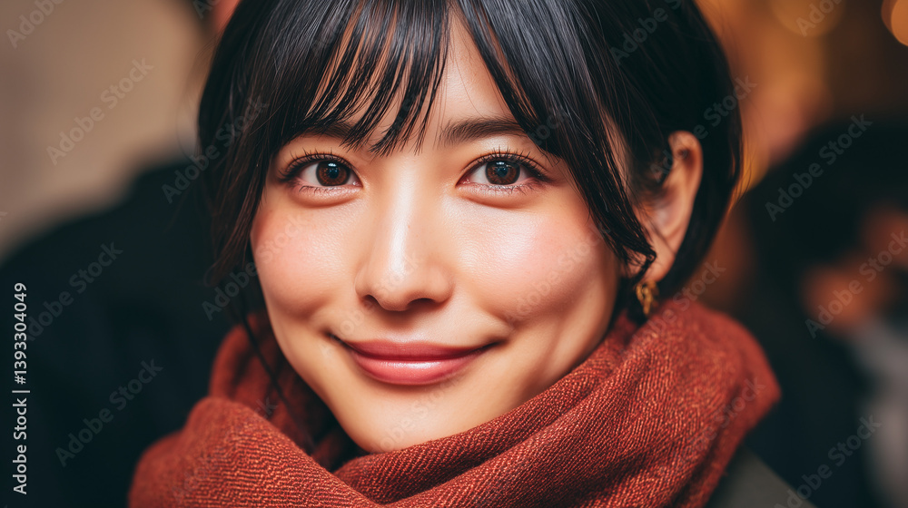 Radiant Confidence: Close-up portrait of a graceful woman exuding serenity, adorned in a warm scarf, capturing a captivating gaze with a gentle smile. Radiant Confidence: Close-up portrait of a graceful woman exuding serenity, adorned in a warm scarf, capturing a captivating gaze with a gentle smile.