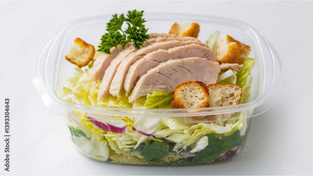 Fresh Salad: A clear plastic container filled with shredded lettuce, croutons, chicken slices, and parsley, placed on a white background to emphasize vibrant colors. Fresh Salad: A clear plastic container filled with shredded lettuce, croutons, chicken slices, and parsley, placed on a white background to emphasize vibrant colors.