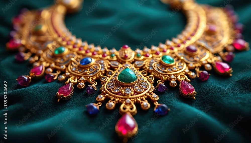 Close-up gold necklace with traditional Indian motifs. Colorful gemstones, intricate craftsmanship displayed against emerald velvet background. Luxury jewellery for festive occasion. Ideal for