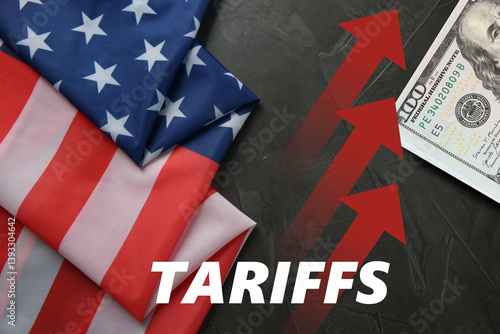 Obraz na płótnie Tariff increase. Dollar bill and flag of USA on black table, top view w salonie