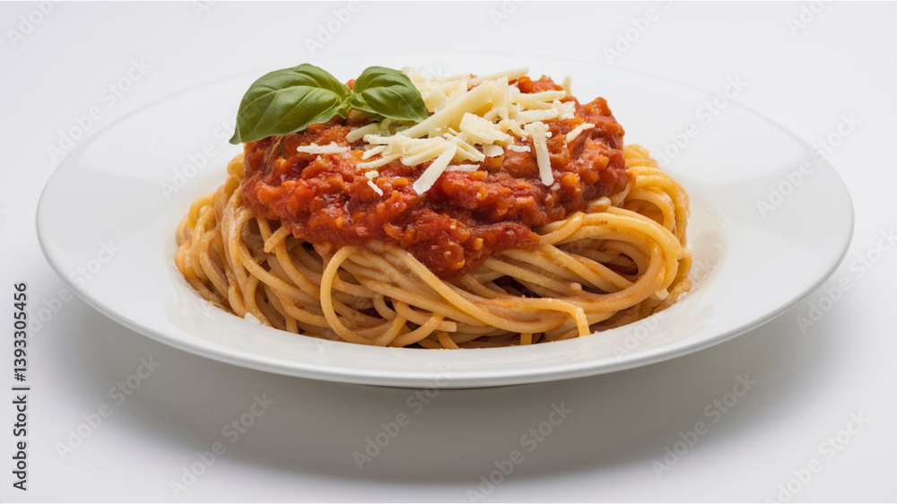 Spaghetti with Tomato Sauce: A plate of spaghetti topped with rich tomato sauce, shredded cheese, and a basil leaf, arranged in a neat circular fashion on a white plate. Spaghetti with Tomato Sauce: A plate of spaghetti topped with rich tomato sauce, shredded cheese, and a basil leaf, arranged in a neat circular fashion on a white plate.