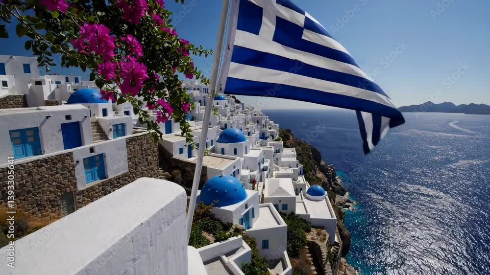 Majestic greek flag waving over santorini's iconic blue domes and aegean sea vista