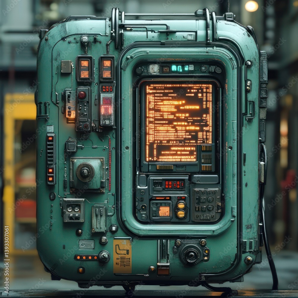 Futuristic, teal-colored, compact control panel with various buttons, displays, and lights Futuristic, teal-colored, compact control panel with various buttons, displays, and lights