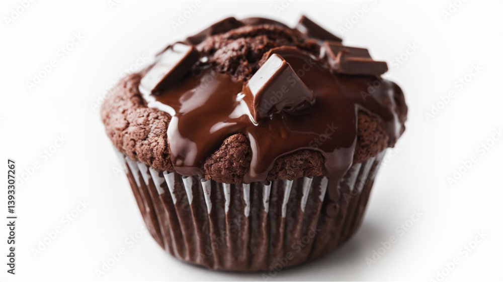 Chocolate Muffin: A rich, moist chocolate muffin with a glossy chocolate topping, set against a white background to highlight its dark, inviting hue. Chocolate Muffin: A rich, moist chocolate muffin with a glossy chocolate topping, set against a white background to highlight its dark, inviting hue.