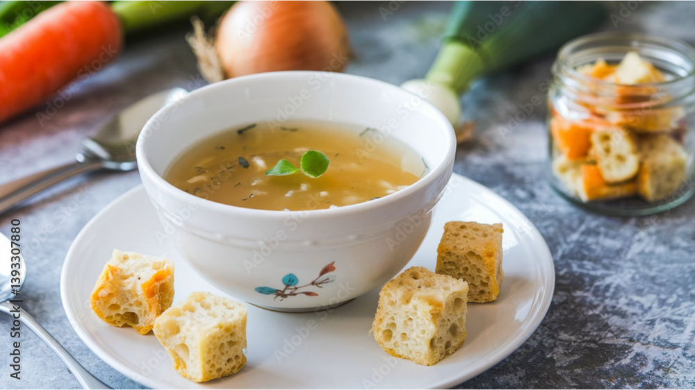 Soup: Clear soup with a green leaf garnish, served with crispy golden-brown cubes and fresh vegetables, set on a textured gray surface with a glass jar of cubes. Soup: Clear soup with a green leaf garnish, served with crispy golden-brown cubes and fresh vegetables, set on a textured gray surface with a glass jar of cubes.