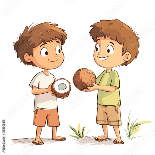 
A cheerful tropical-themed illustration of two young boys happily sharing coconuts. This vector captures innocence, friendship, and the spirit of island or summer life. Perfect for children's books, 