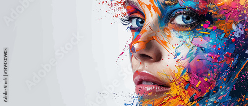 Banner with a woman's face covered in colorful paint explosion on the right corner on solid background