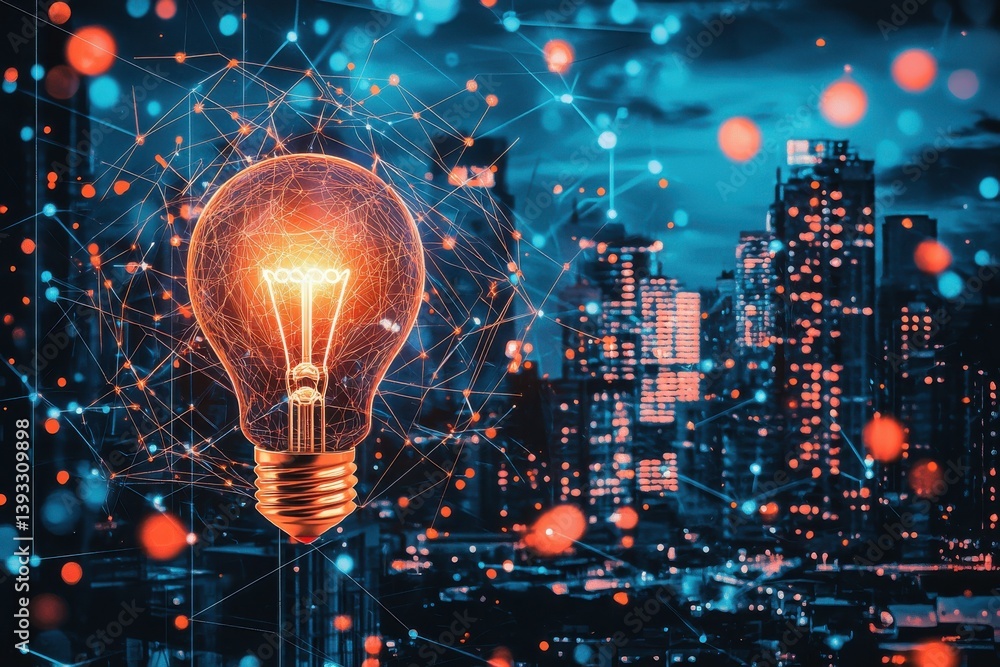Futuristic Light Bulb with Urban City Background at Night Futuristic Light Bulb with Urban City Background at Night