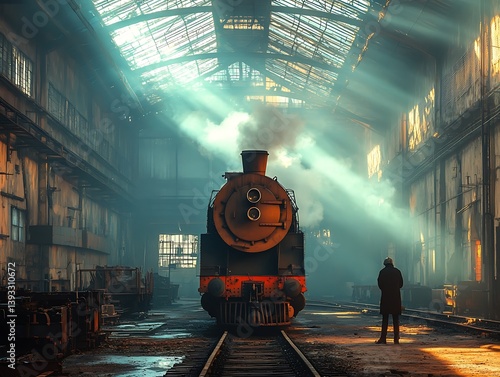 A vintage steam locomotive inside a large industrial building