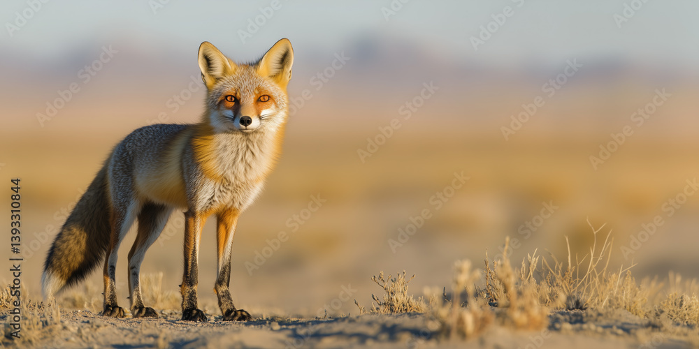 Fototapeta premium Wild fox standing alert in arid landscape at golden hour