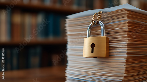 Confidential documents secured with padlock. Important business information, protecting the information, file folder protection.