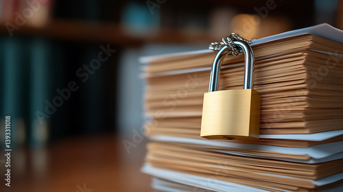 Confidential documents are safeguarded by a metal padlock securing a large pile of paperwork on a wood table. Data safety and security concept.