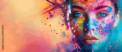 Banner with a woman's face covered in colorful paint explosion on the right corner on solid background