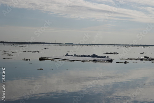 
ice drift on the river in spring in sunny weather