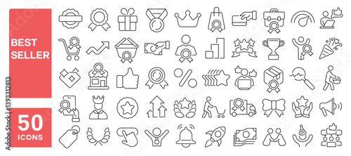 Set of 50 line icons related to best seller, recommended, profits, high quality, popular, customers choice, best choice, sales offer, Editable stroke. Vector illustration