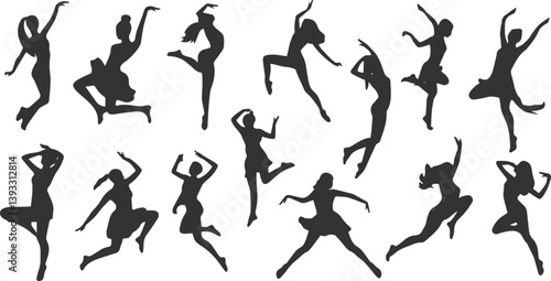 Silhouette of a beautiful girl dancing joyfully at a music festival under the open sky.