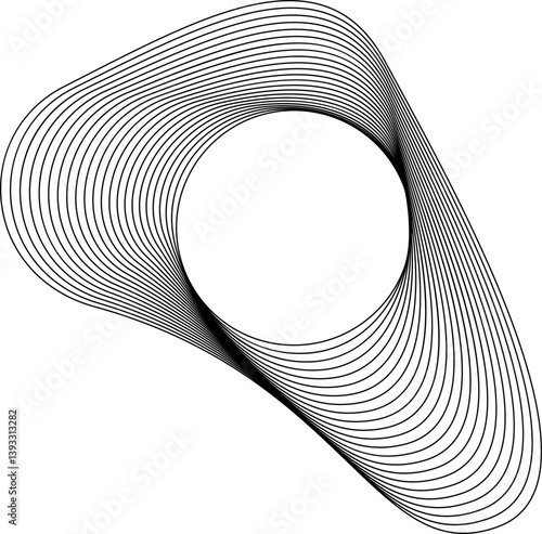 Graphic with round void and naturally irregular border composed of shifting layered lines and curved flow.