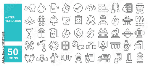 Set of 50 line icons related to water filtration, pure water, hygiene, filter, purifier, faucet, tank, treatment, clean, purification, Editable stroke. Vector illustration