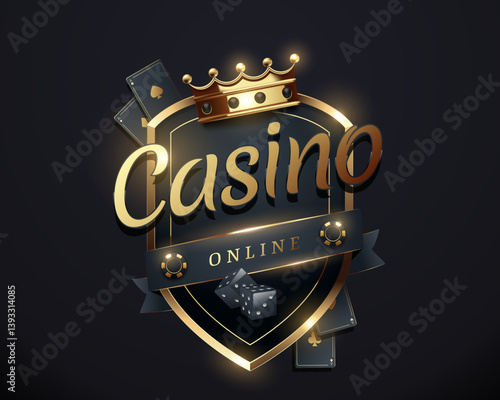Elegant online casino logo featuring golden elements, crown, poker chips, dice and cards. Perfect for gambling websites, mobile game app, or promotional casino graphics