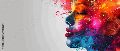 Banner with a woman's face covered in colorful paint explosion on the right corner on solid background
