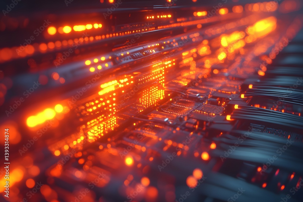 Obraz premium Abstract glowing orange lights on dark background suggest technology or data flow.