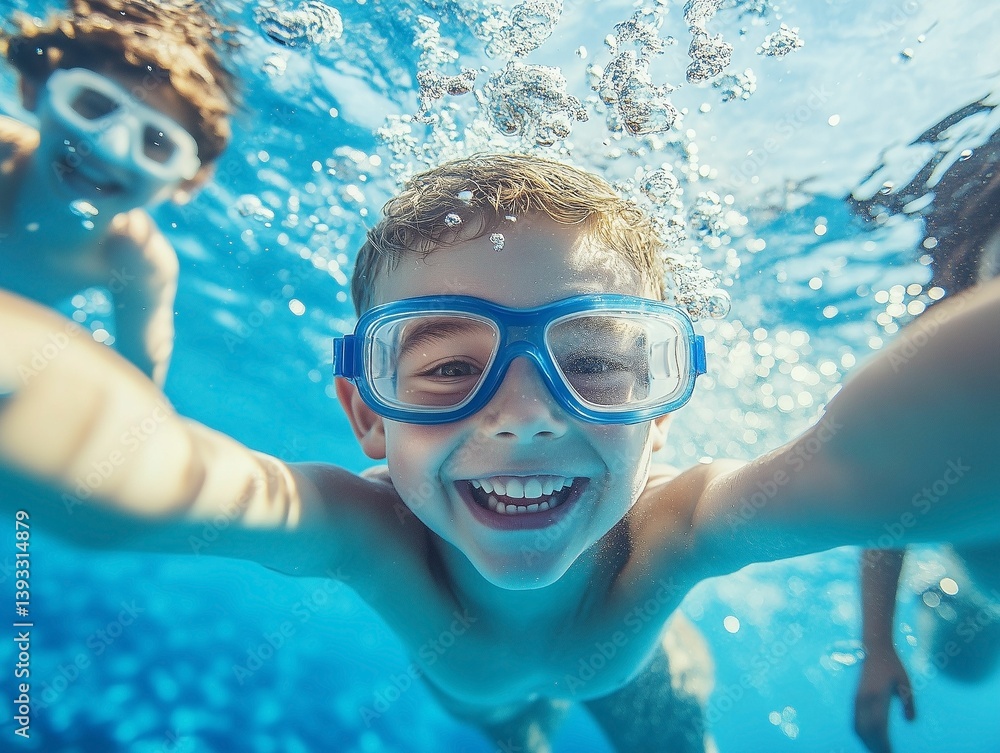 Naklejka premium A young boy smiles joyfully while submerged in a clear blue pool, wearing swimming goggles. Bubbles surround him, and friends are visible in the background, fostering a fun summer atmosphere.