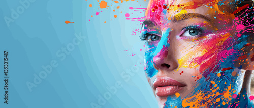 Banner with a woman's face covered in colorful paint explosion on the right corner on solid background