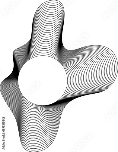 Design composed of a round central area and outer lines resembling flowing liquid with shifting curved layers.