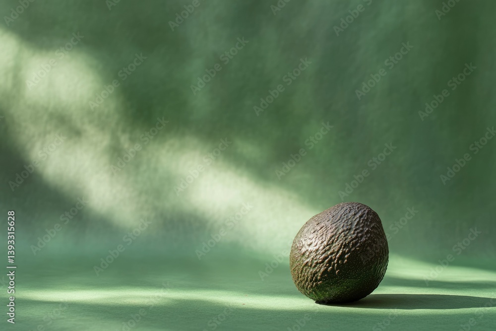 A single avocado rests on a green surface, bathed in soft, diffused light. A single avocado rests on a green surface, bathed in soft, diffused light.