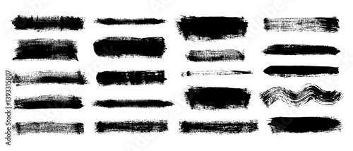Set of hand-drawn acrylic dry brush strokes of paint on corrugated rough granulated paper with pronounced mesh texture. Vector stripes, lines, waves, spots with sweeping dynamics.