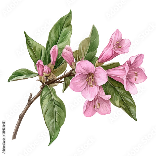 A watercolor vector illustration of a weigela branch, isolated on a white background.

