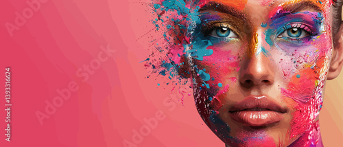 Banner with a woman's face covered in colorful paint explosion on the right corner on solid background