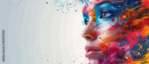 Banner with a woman's face covered in colorful paint explosion on the right corner on solid background