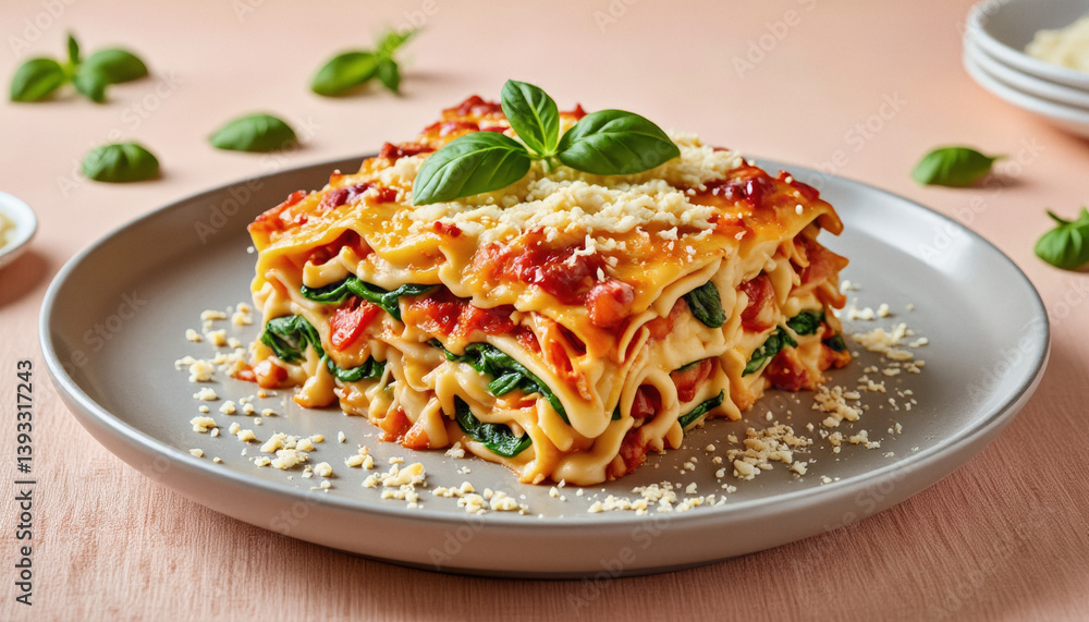 Vivid design food and beverage advertisement: A square slice of lasagna sits on a gray plate, beautifully displaying layers of pasta, ricotta cheese, spinach, and tomato sauce, garnished with fresh Vivid design food and beverage advertisement: A square slice of lasagna sits on a gray plate, beautifully displaying layers of pasta, ricotta cheese, spinach, and tomato sauce, garnished with fresh