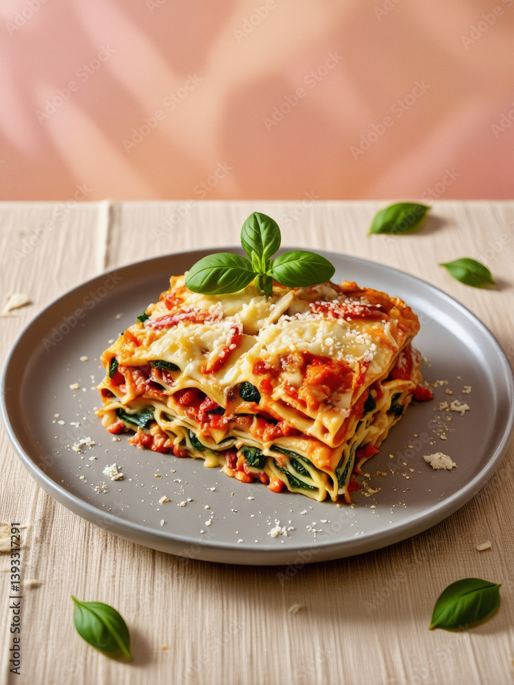 Vivid design food and beverage advertisement: A delicious square of lasagna, layered with pasta, spinach, and cheese, sits on a gray plate garnished with basil leaves against a warm-toned wooden sur Vivid design food and beverage advertisement: A delicious square of lasagna, layered with pasta, spinach, and cheese, sits on a gray plate garnished with basil leaves against a warm-toned wooden sur