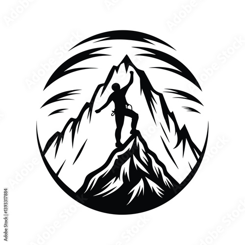 Monochrome Silhouette Reaching Climber atop Mountain, Circular Design Element, Peak Success