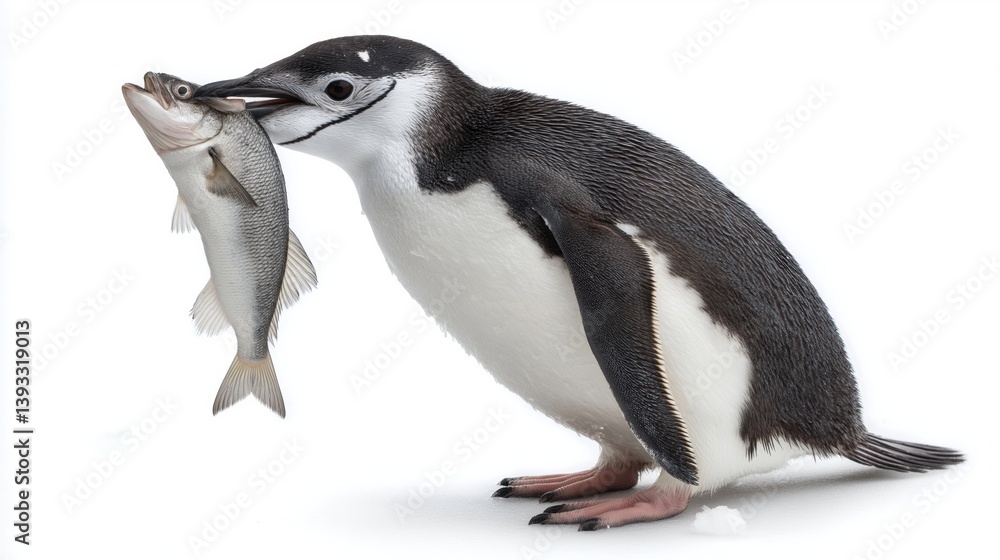 Naklejka premium A penguin is holding a fish in its beak. The fish is small and white. The penguin is standing on a white background