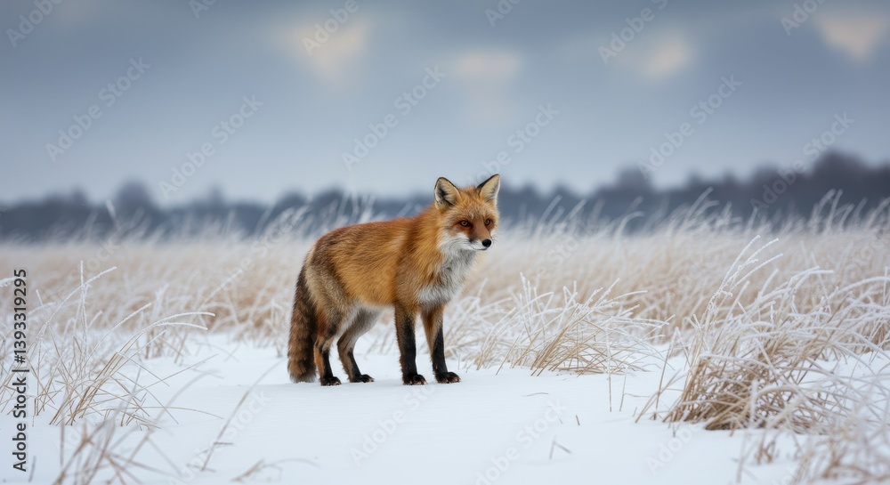 Fototapeta premium Red Fox in Winter Wonderland - A lone red fox stands in a snowy field, winter grasses frosted, under a cloudy sky. Beautiful wildlife