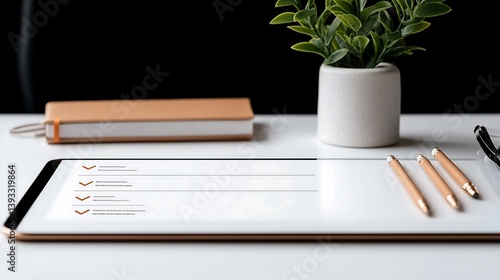 A digital tablet displaying an online survey with checkboxes for business performance, target marketing, and quality control, emphasizing checklist completion