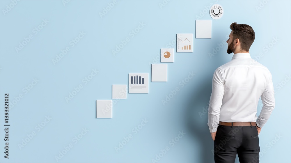 Fototapeta premium A businessman climbing digital steps with finance, innovation, and goal icons, symbolizing career success and leadership growth