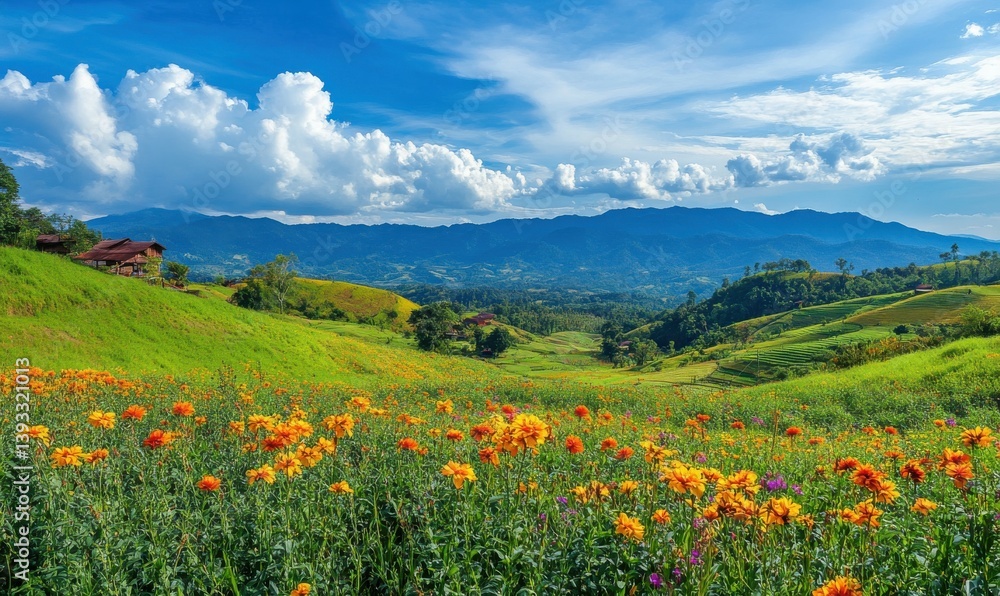 View of grass flowers in the field, countryside Chiangmai province Thailand View of grass flowers in the field, countryside Chiangmai province Thailand