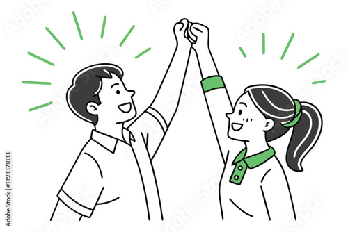 Line Art Excited Man and Woman with Hands Up in High Five, Minimalist, Green Accents