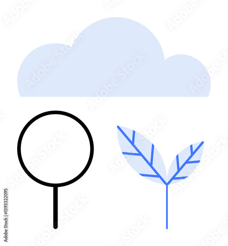 Blue cloud, abstract tree with a circular top, and blue leaf outline evoke nature, growth, and eco-consciousness. Ideal for climate, environment, technology, growth eco-living sustainability