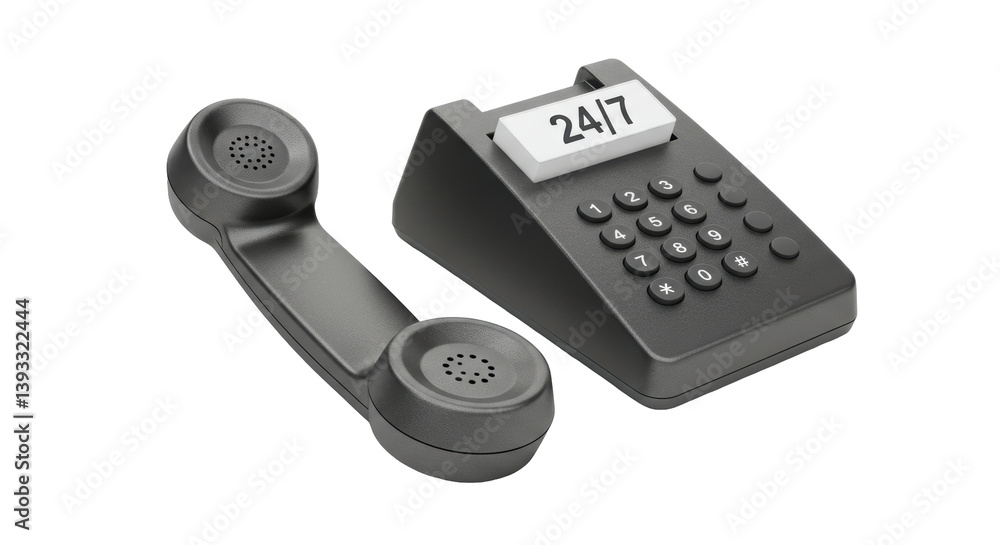 Isolated Black Telephone with Cordless Handset Displaying 24/7 Service Isolated Black Telephone with Cordless Handset Displaying 24/7 Service